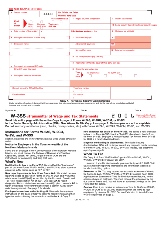 Form W-3ss - Transmittal Of Wage And Tax Statements - 2006 Printable pdf