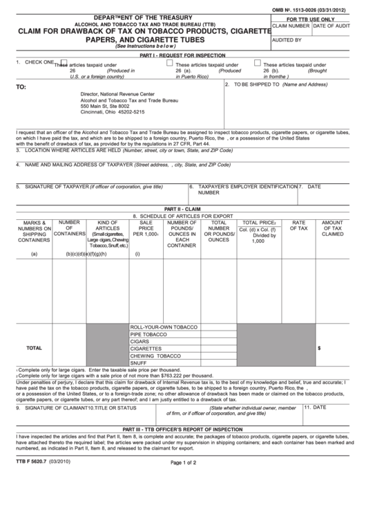 Fillable Form Ttb F 5620.7 - Claim For Drawback Of Tax On Tobacco Products, Cigarette Papers, And Cigarette Tubes Printable pdf