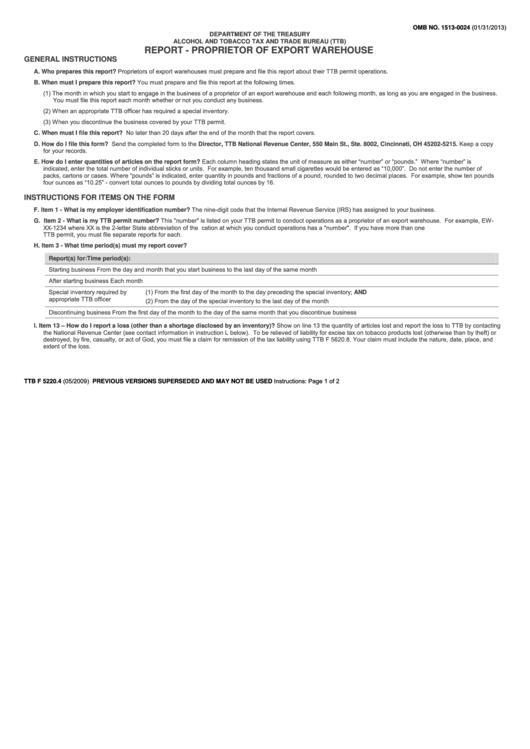 Fillable Form Ttb F 5220.4 - Report - Proprietor Of Export Warehouse Printable pdf