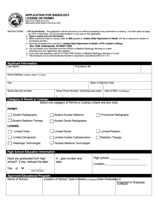 Form 27068 - Application For Radiology License Or Permit - Indiana State Department Of Health Printable pdf