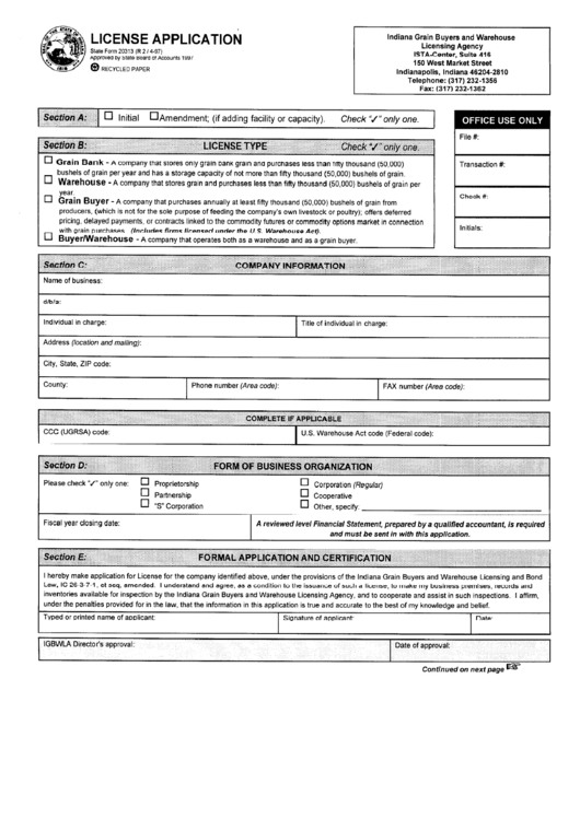 Fillable State Form 20313 - License Application Printable pdf
