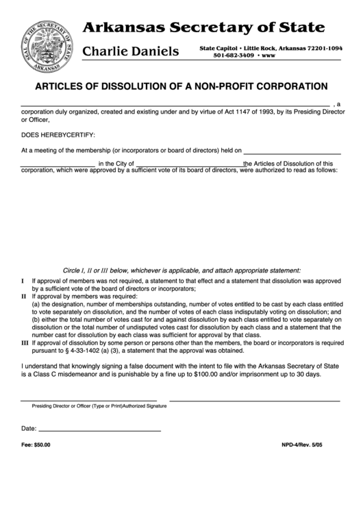 Form Npd-4 - Articles Of Dissolution Of A Non-Profit Corporation Printable pdf
