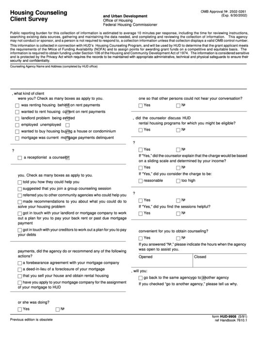 Form Hud-9908 - Housing Counseling Client Survey Printable pdf