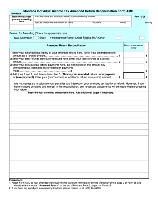 Form Amd - Individual Income Tax Amended Return Reconciliation Printable pdf