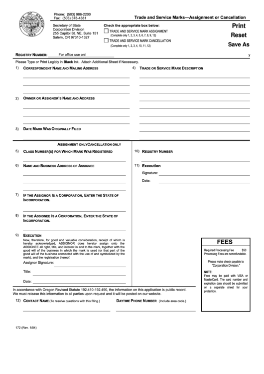 Fillable Form 172 - Trade And Service Marks-Assignment Or Cancellation Printable pdf