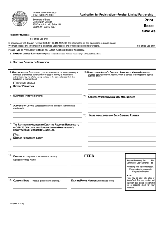 Form 147 - Application For Registration-foreign Limited Partnership
