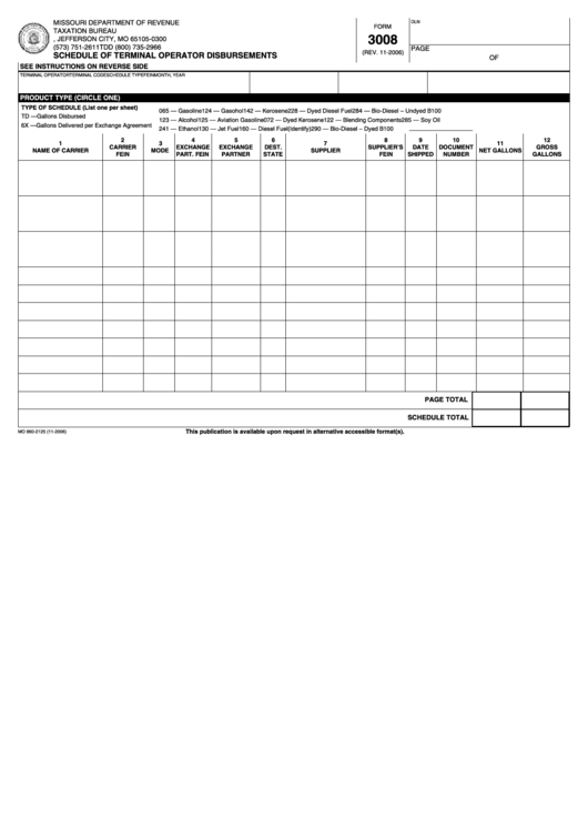 Form 3008 - Schedule Of Terminal Operator Disbursements - Missouri Department Of Revenue 2006