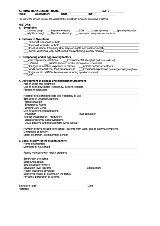 Asthma Management Initial Assessment Form Printable pdf