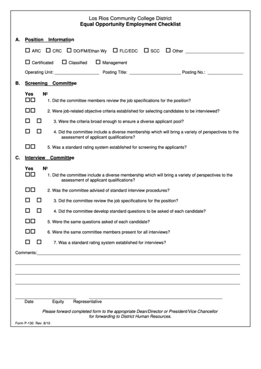 Fillable Equal Opportunity Employment Checklist Template - 2010 Printable pdf