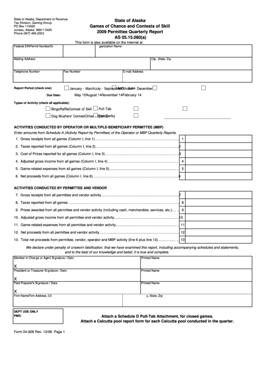 Form 04-828 - Games Of Chance And Contests Of Skill - Permittee Quarterly Report - 2009 Printable pdf