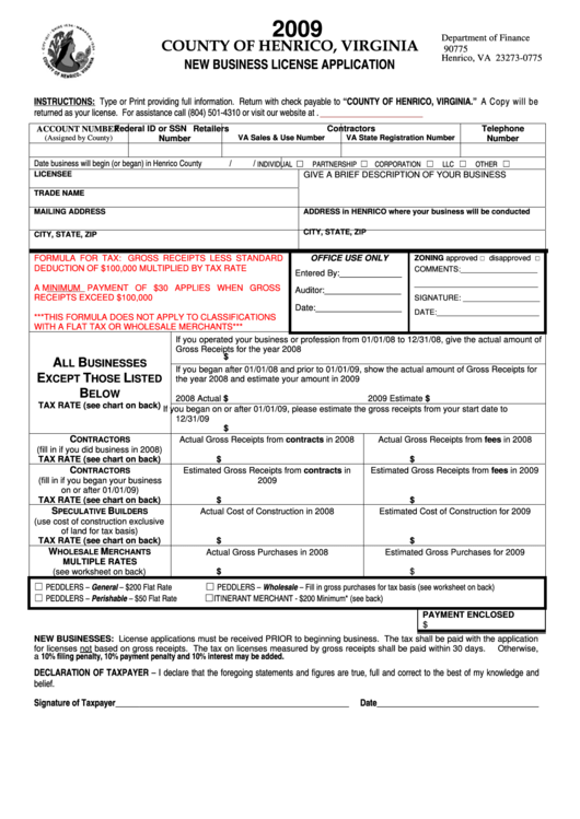 New Business License Application County Of Henrico, Virginia 2009
