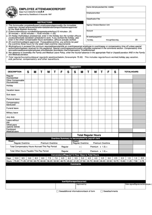 Fillable State Form 14304 - Employee Attendance Report Printable pdf
