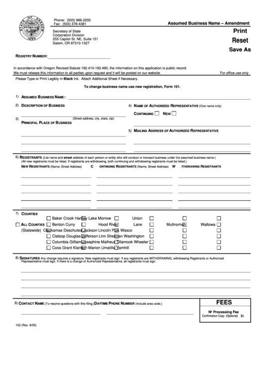 Fillable Form 102 - Assumed Business Name-Amendment Printable pdf