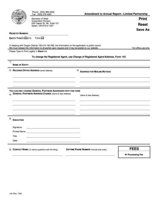 Fillable Form 144 - Amendment To Annual Report-Limited Partnership Printable pdf
