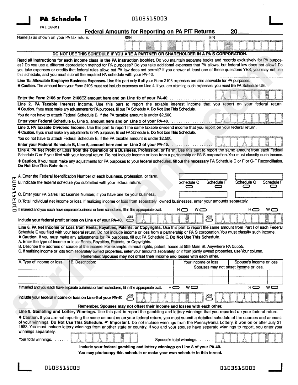 Form Pa I (09-01) - Pa Schedule I - Federal Amounts For Reporting On Pa Pit Returns - Pennsylvania