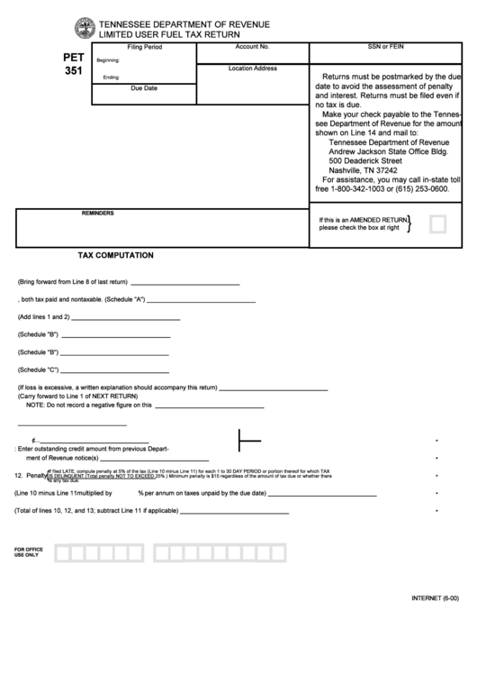 Form Pet 351 - Limited User Tax Return - Tennessee Department Of Revenue Printable pdf