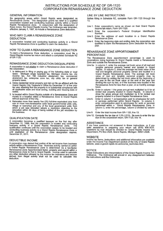 Instructions For Schedule Rz Of Gr-1120 - Corporation Renaissance Zone Deduction - Michigan Printable pdf