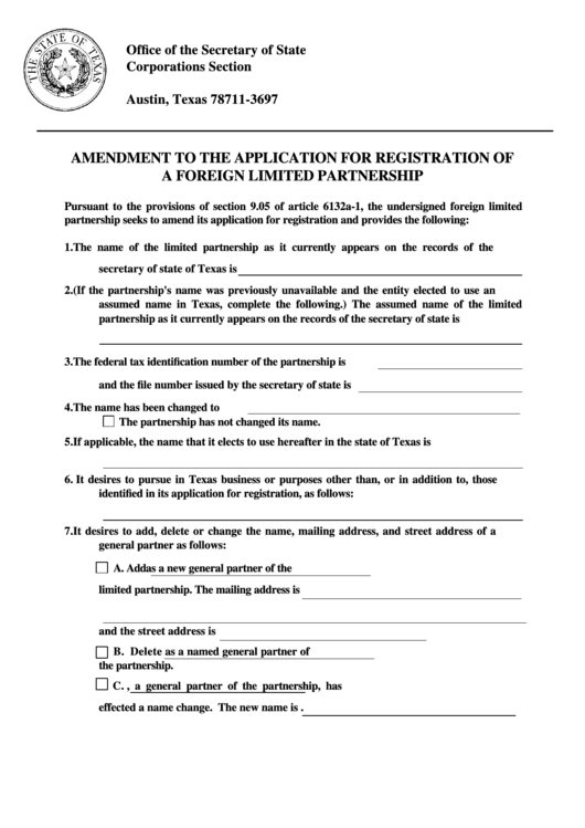 Fillable Form 412 - Amendment To The Application For Registration Of A Foreign Limited Partnership Printable pdf