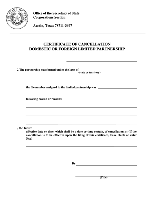 Certificate Of Cancellation Domestic Or Foreign Limited Partnership Printable pdf