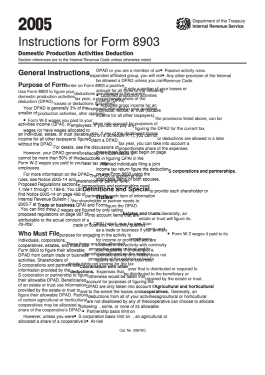 Instructions For Form 8903 - Domestic Production Activities Deduction - Internal Revenue Service - 2005 Printable pdf