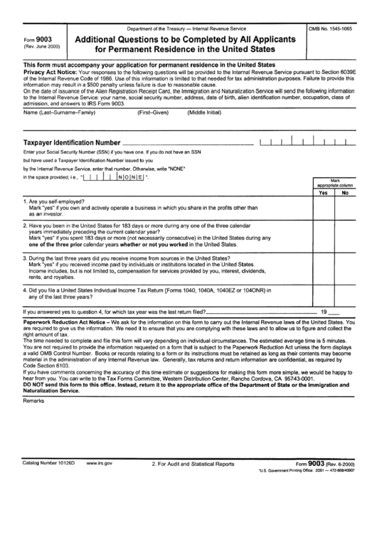 Form 9003 - Additional Questions To Be Completed By Applicants For Permanent Residence In The United States Printable pdf