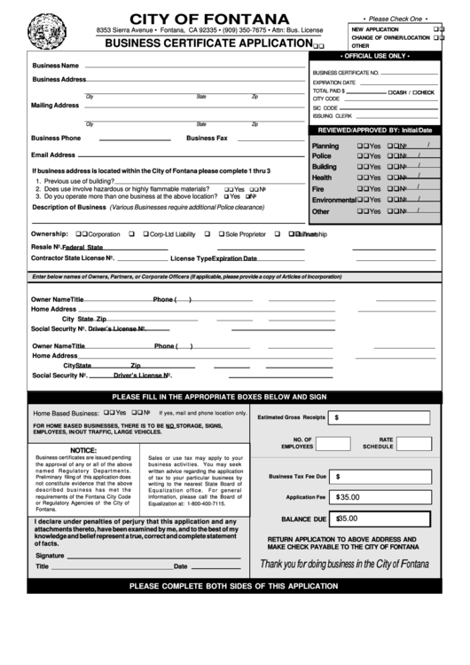 Fillable Business Certificate Application - City Of Fontana Printable pdf