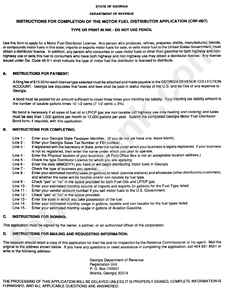 Instructions For Completion Of The Motor Fuel Distributor Application (Crf-007) - Department Of Revenue - Georgia