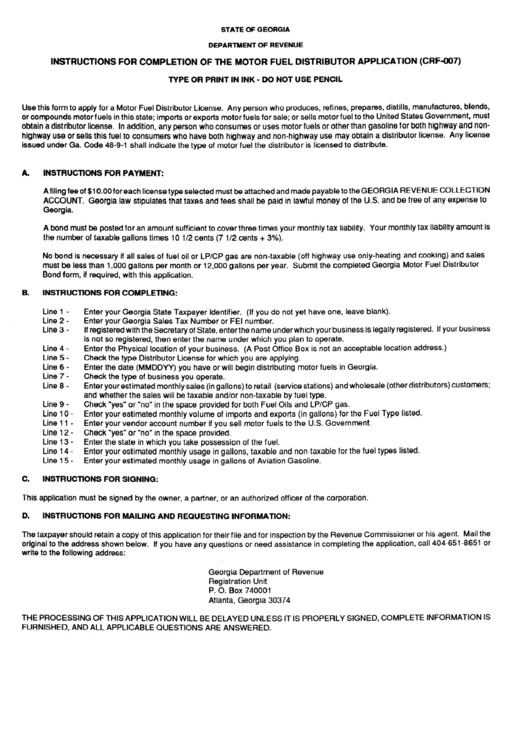 Instructions For Completion Of The Motor Fuel Distributor Application (Crf-007) - Department Of Revenue - Georgia Printable pdf