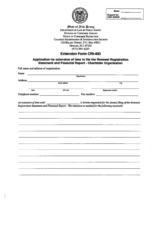 Extension Form Cri-400 - Application For Extension Of Time To File The Renewal Registration Statement And Financial Report-Charitable Organization Printable pdf
