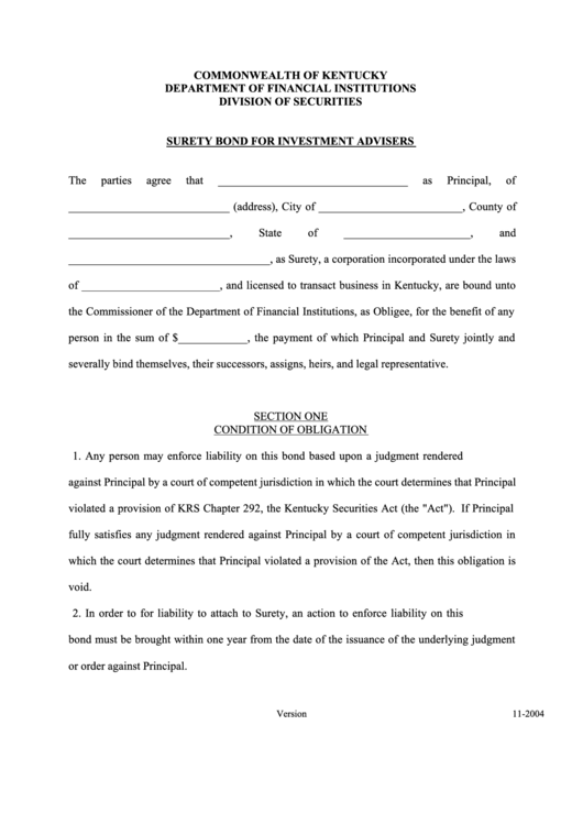 Surety Bond For Investment Advisers Form - Department Of Financial Institutions - Kentucky Printable pdf