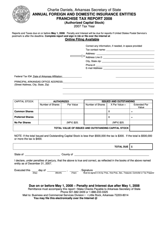 Annual Foreignand Domestic Insurance Entities Franchise Tax Report Form - 2008 Printable pdf