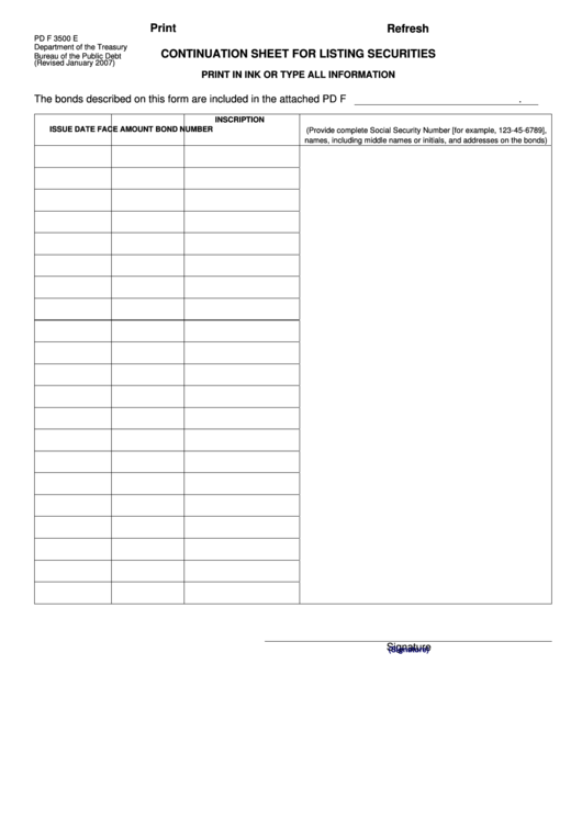 Fillable Form Pd F 3500 E - Continuation Sheet For Listing Securities - Department Of The Treasury Bureau Of The Public Debt Printable pdf