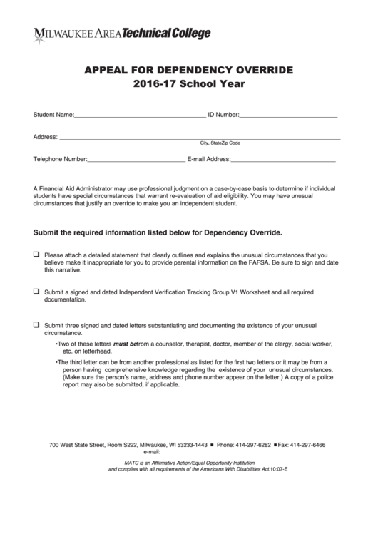 Fillable Appeal For Dependency Override Form Printable pdf