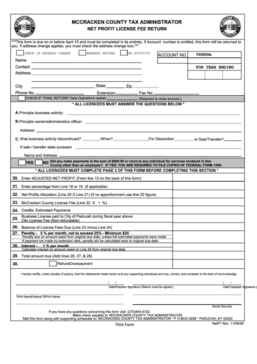 Fillable Net Profit License Fee Return - Mccracken County Tax Administrator Form - Kentucky Printable pdf