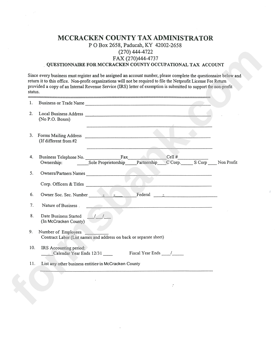 Questionnaire For Mccracken County Occupational Tax Account Template - Mccracken County Tax Administrator - Kentucky