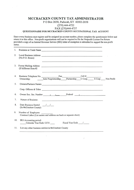 Questionnaire For Mccracken County Occupational Tax Account Template - Mccracken County Tax Administrator - Kentucky Printable pdf