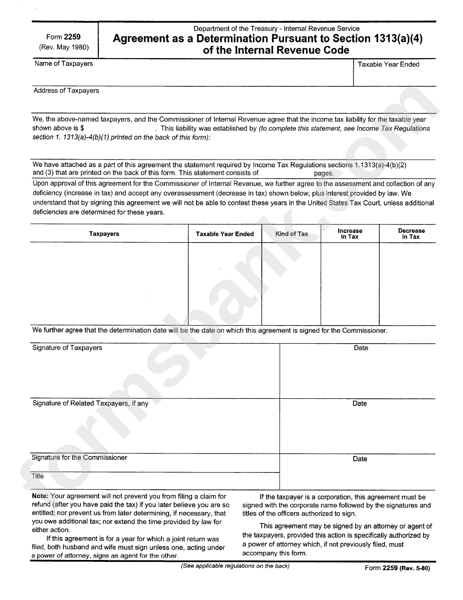 Form 2259 - Agreement As A Determonation Pursuant To Section 1313 Of The Internal Revenue Code