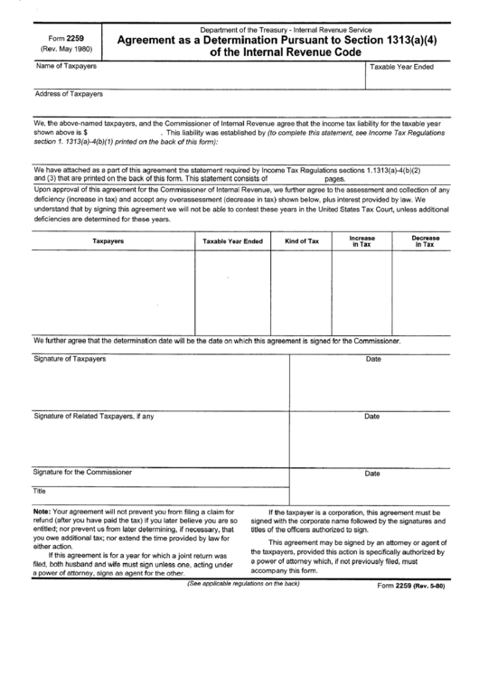 Form 2259 - Agreement As A Determonation Pursuant To Section 1313 Of The Internal Revenue Code Printable pdf