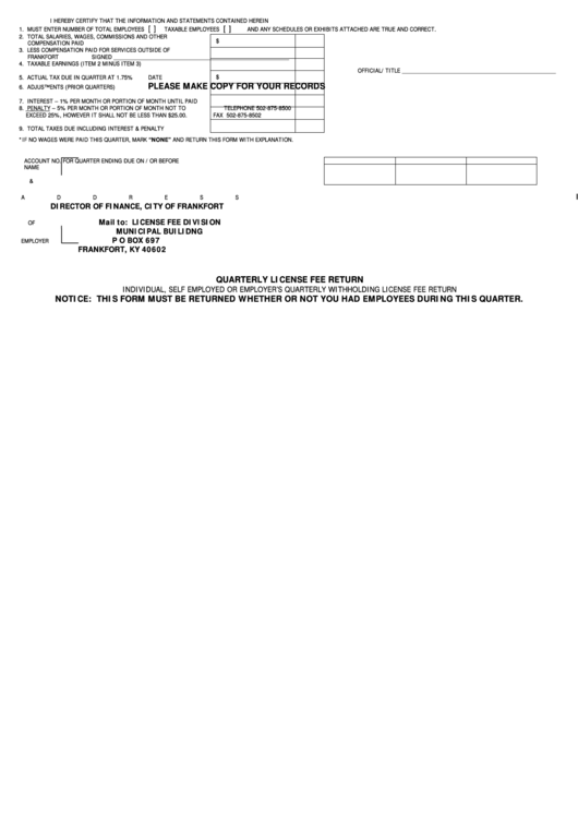 Fillable Quarterly License Fee Return Form - City Of Frankfort License Fee Division Printable pdf