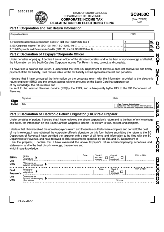 Form 1350 - Corporate Income Tax Declaration For Electronic Filing Printable pdf