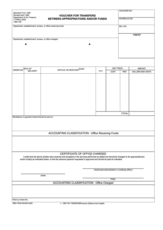 Fillable Standard From 1080 - Voucher For Transfers Between Appropriations And/or Funds Printable pdf