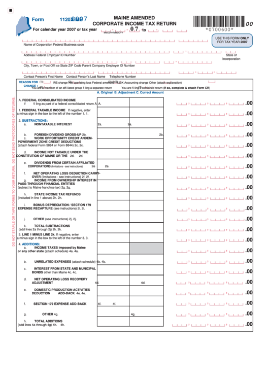 Form 1120x-Me - Maine Amended Corporate Income Tax Return - 2007 Printable pdf