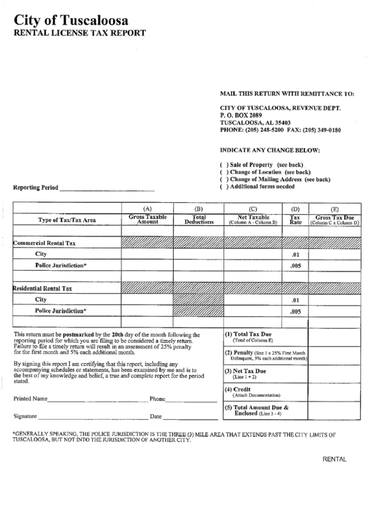 Rental License Tax Report Form - City Of Tuscaloosa - Alabama Printable pdf