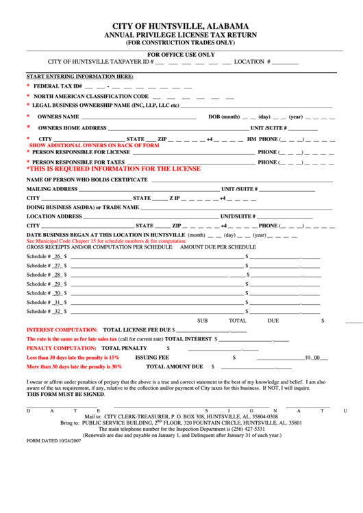 Annual Privilege License Tax Return Form - City Of Huntsville - Alabama Printable pdf