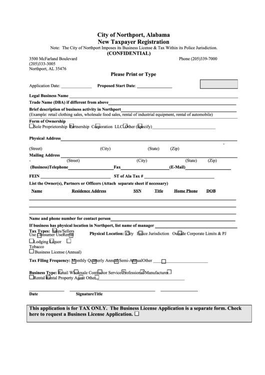 Fillable New Taxpayer Registration Form - City Of Northport, Alabama Printable pdf