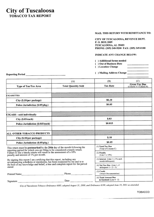 Tobacco Tax Report Form - City Of Tuscaloosa - Alabama Printable pdf