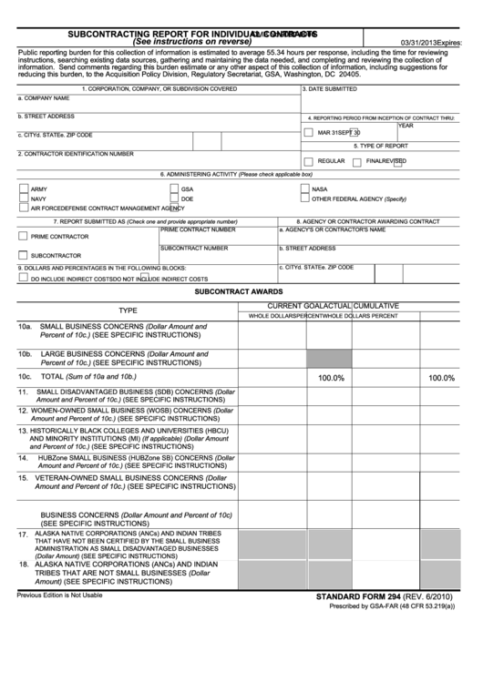 Standard Form 294 - Subcontracting Report For Individual Contracts Printable pdf