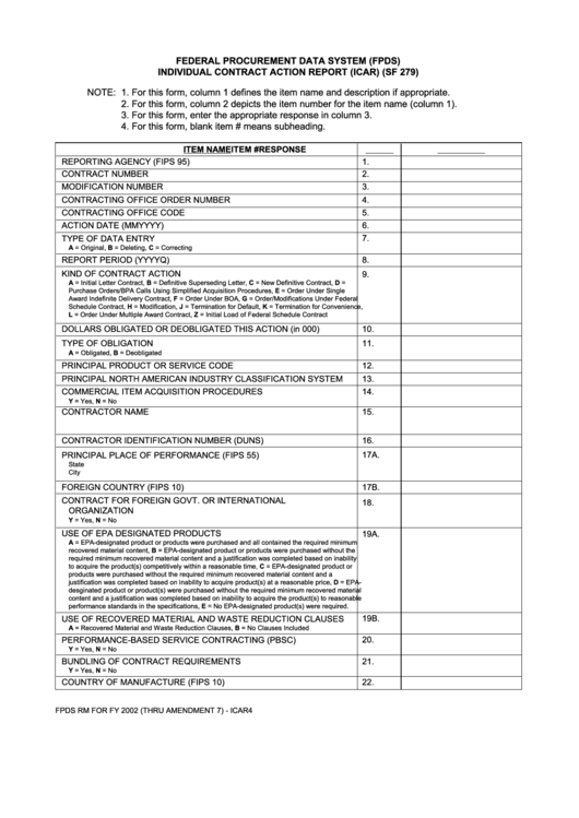 Fillable Individual Contract Action Report (Icar) (Sf 279) Form Printable pdf