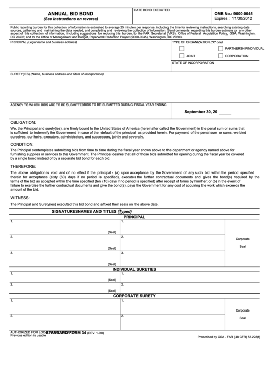 Fillable Standard Form 34 - Annual Bid Bond Printable pdf