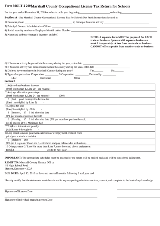 Form Molt-2 - Marshall County Occupational License Tax Return For Schools - 2009 Printable pdf